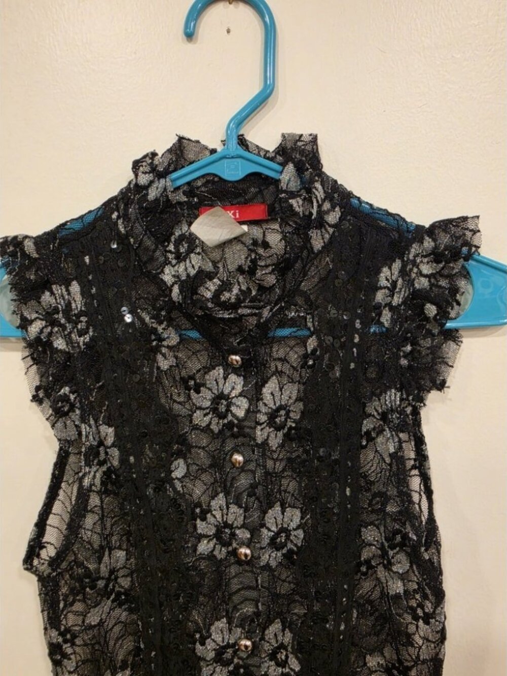 Y2K Black Sheer Lace Sequin Mock Neck Sleeveless Top Medium Gothic Coquette